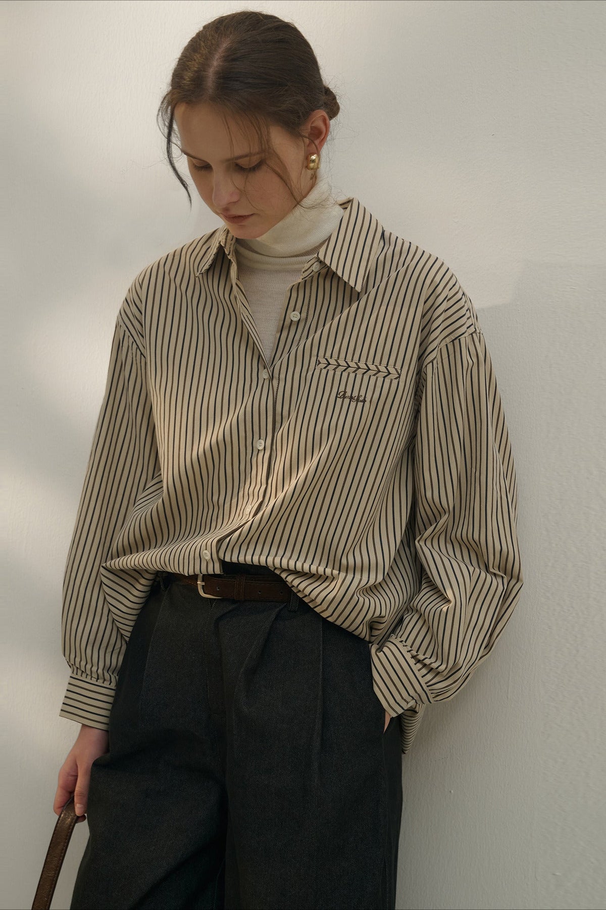Vintage Color Block Stripe Collar Cotton Blouse