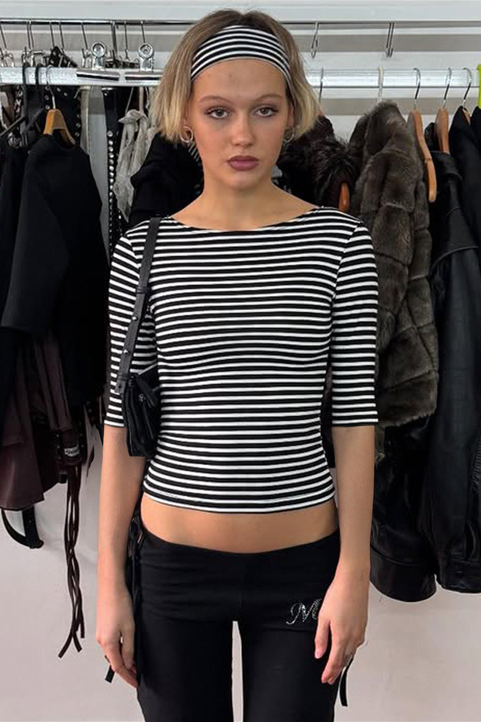 Vintage Color Block Stripe Jacquard Fitted Knit Blouse