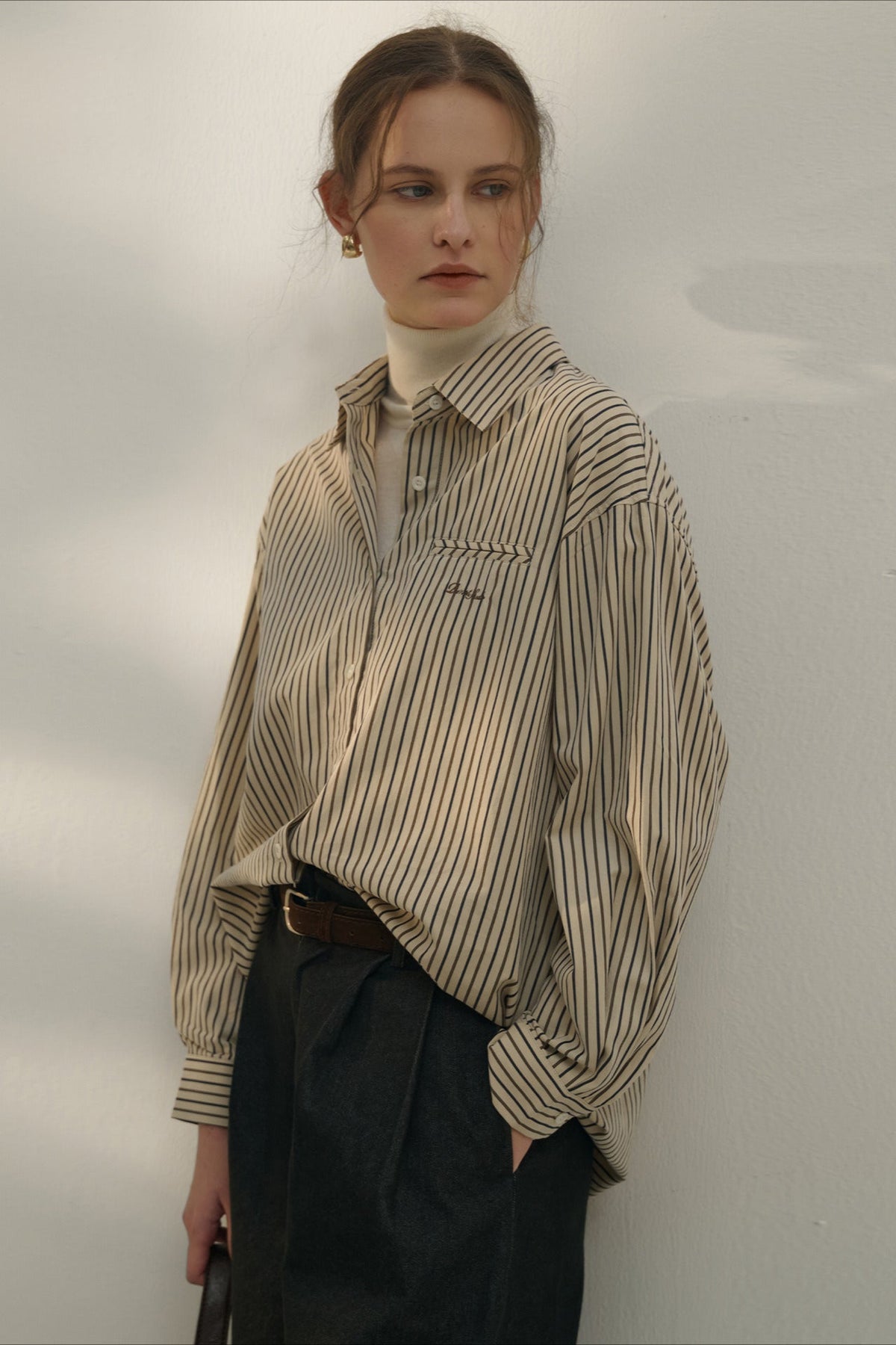 Vintage Color Block Stripe Collar Cotton Blouse