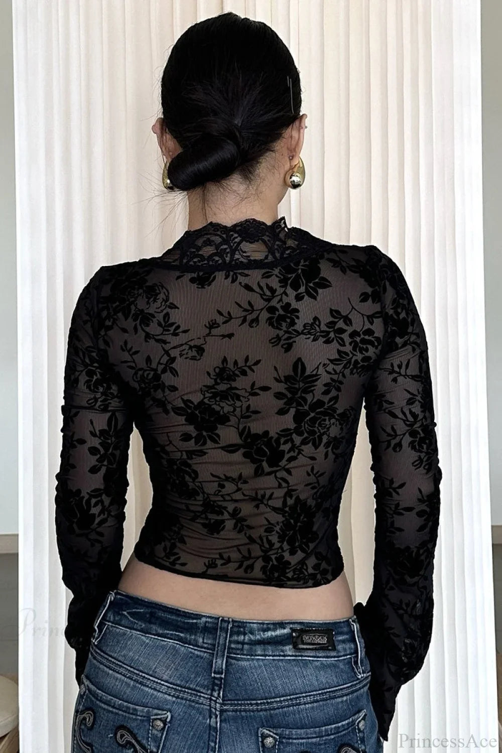 Chic Leopard Print Mesh Lace Trim Blouse