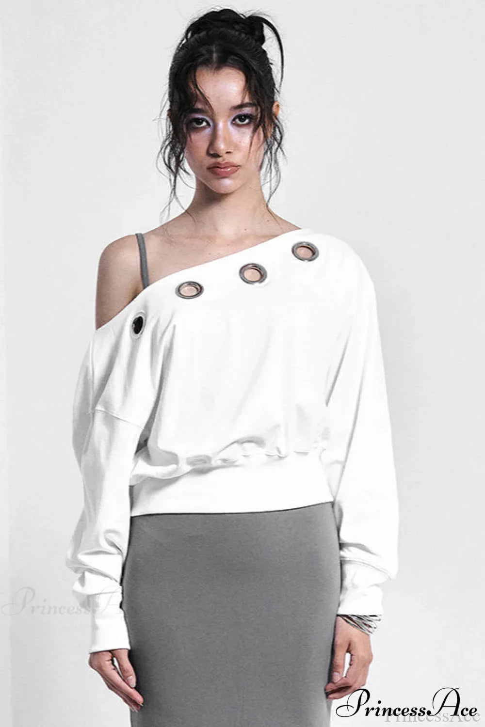 Solid Color Asymmetric Shoulder Cutout Long Sleeve Blouse