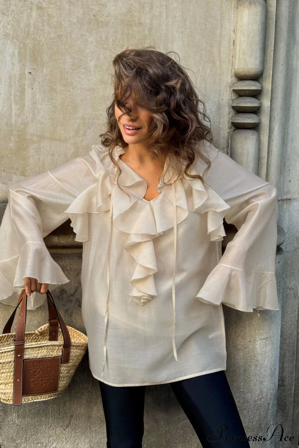 Tencel Ruffled Tie Double Layer Blouse